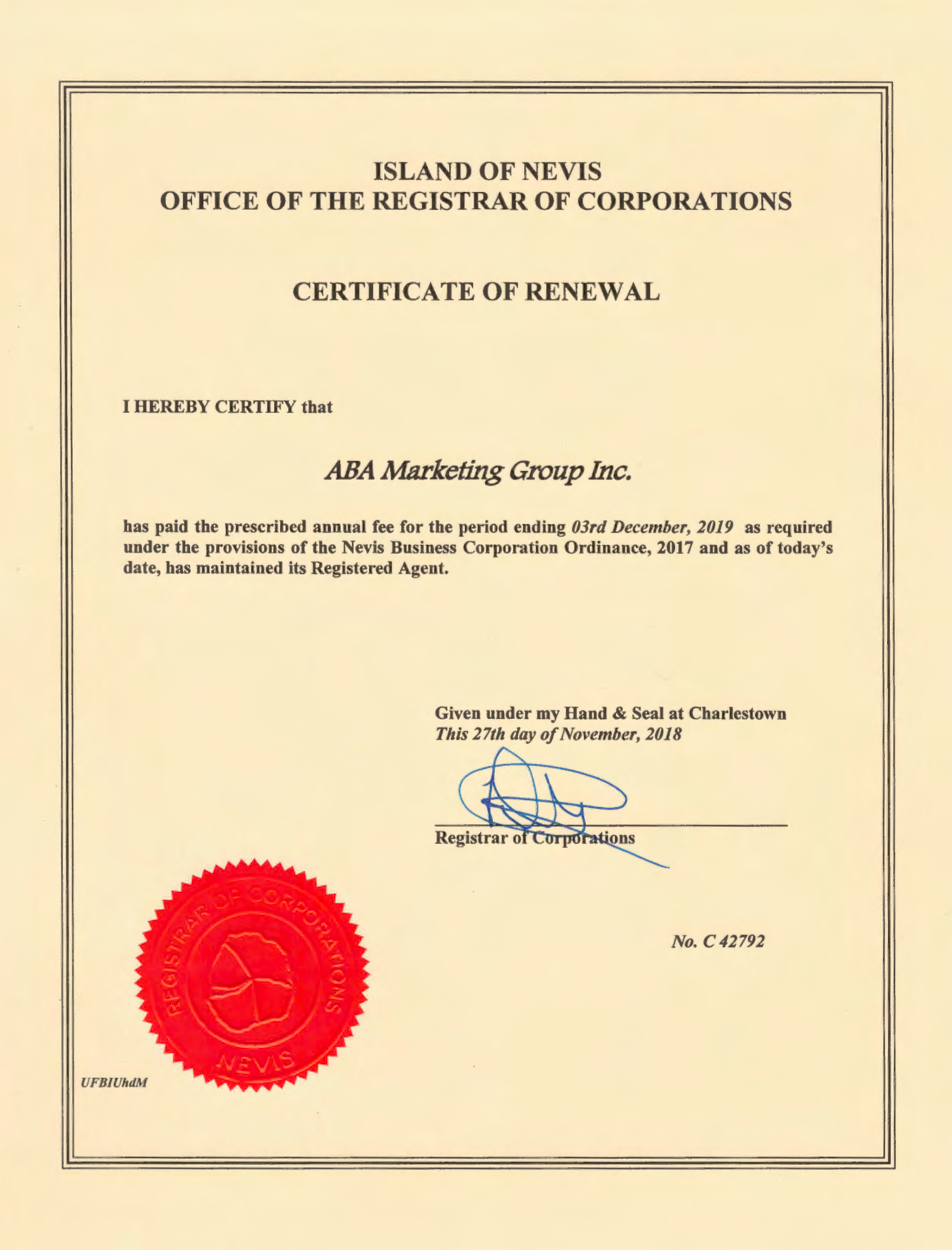 Сертификат продления регистрации — certificate of renewal — подтверждает, что компания ABA Marketing зарегистрирована по стандарту Nevis business corporation ordinance 2017 и что она продлила регистрацию до указанной в документе даты — в данном случае 3 декабря 2019 года