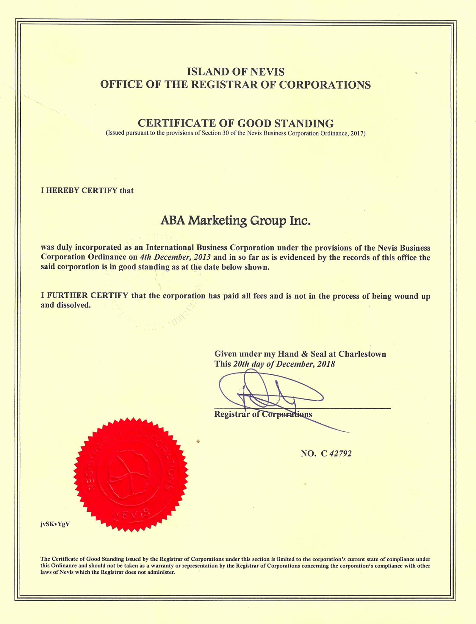 Сертификат благонадежности — certificate of good standing — подтверждает, что компания уплатила все пошлины и сборы, представила необходимые документы, не банкрот и не находится в состоянии слияния, поглощения или ликвидации