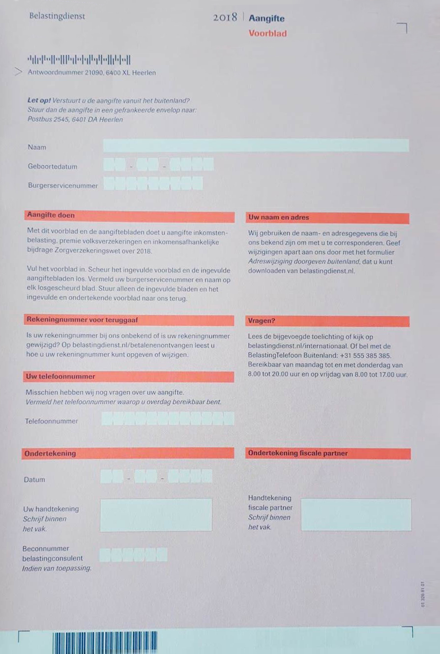 Так выглядит декларация, которую вы получите в первый год по почте от налоговой. Она полностью на голландском