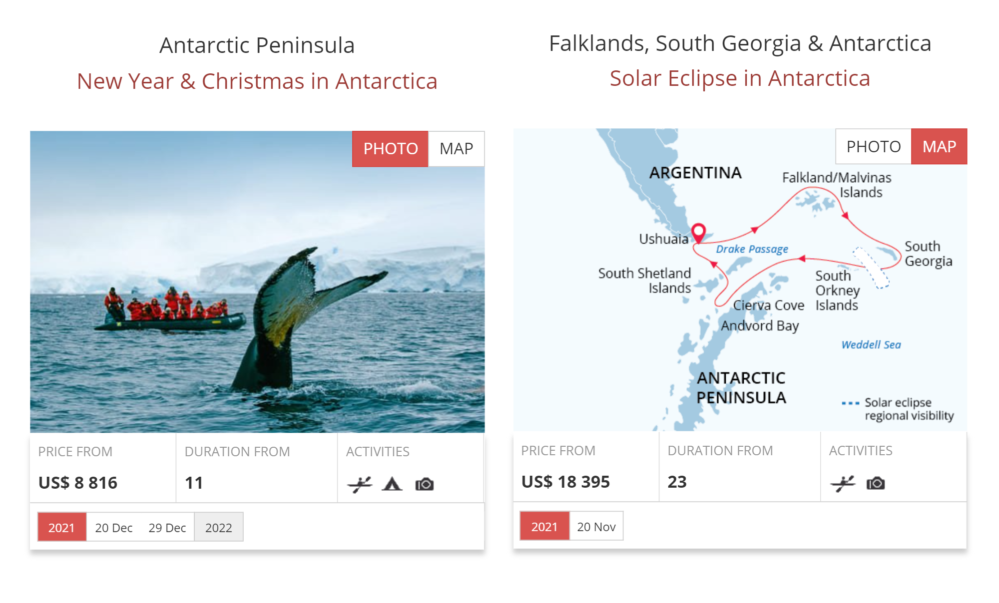 У Poseidon Expeditions есть туры на 11 дней с заходом только в Антарктиду и на 21 день с посещением Фолклендских островов