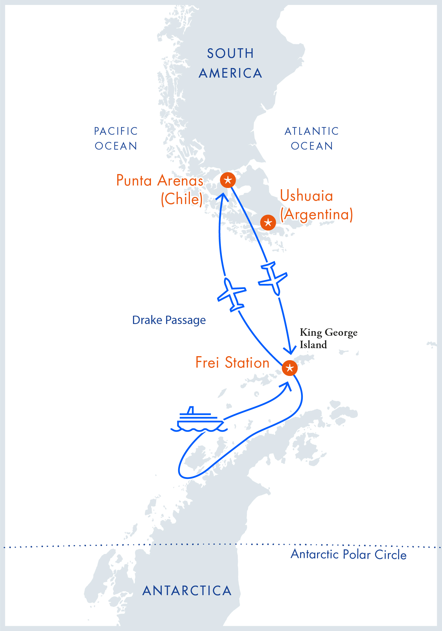 Маршрут тура «перелет + круиз». Источник: Antarctica 21