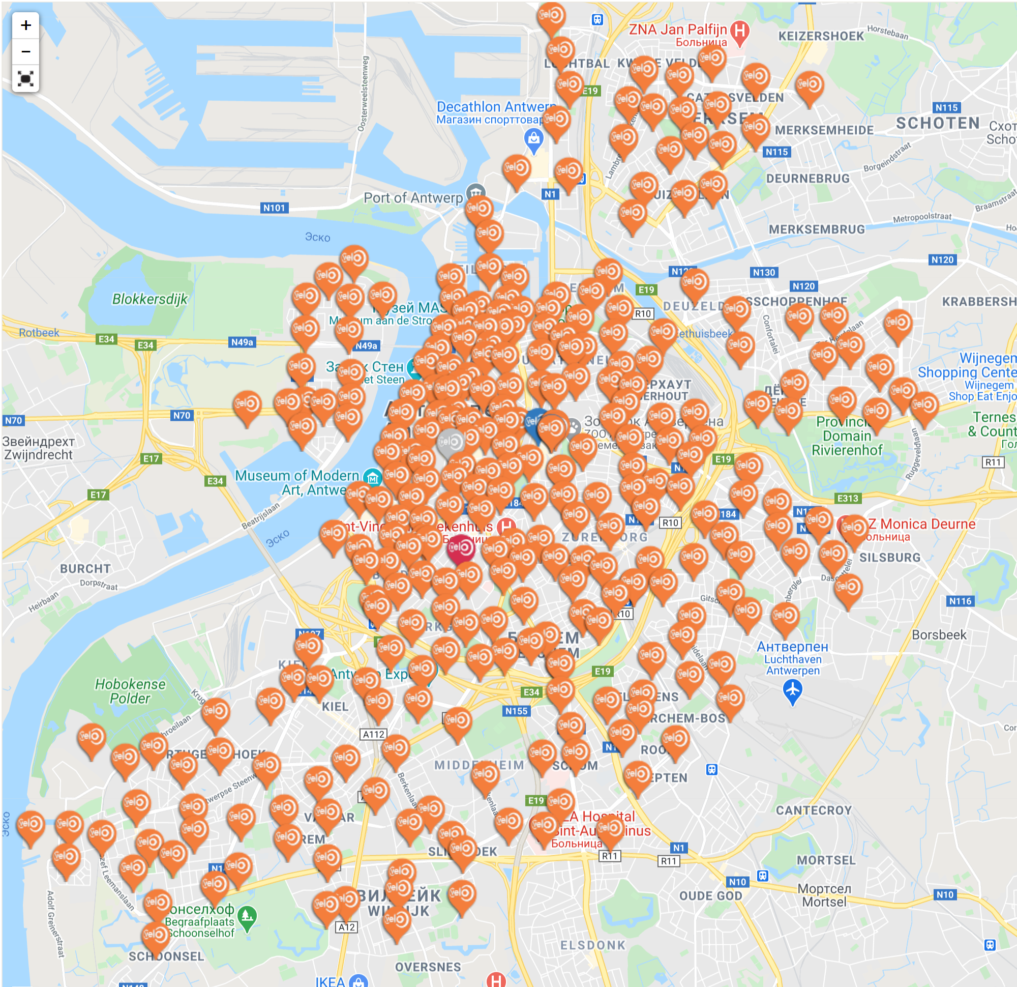 Велопарковки от компании Velo на карте Антверпена