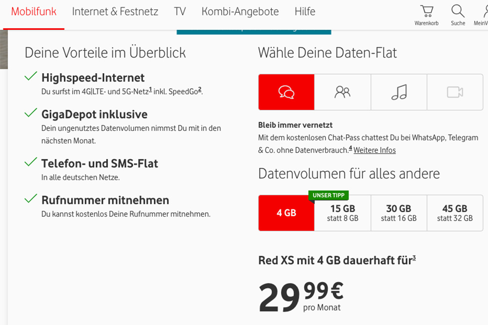 Цены на мобильную связь от Vodafone — 4 Гб обойдутся в 29,99 €