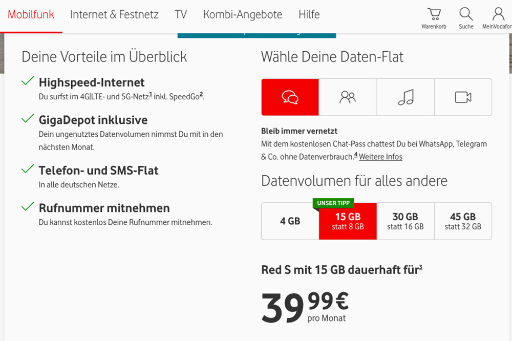 За 15 Гб придется заплатить уже 39,99 €