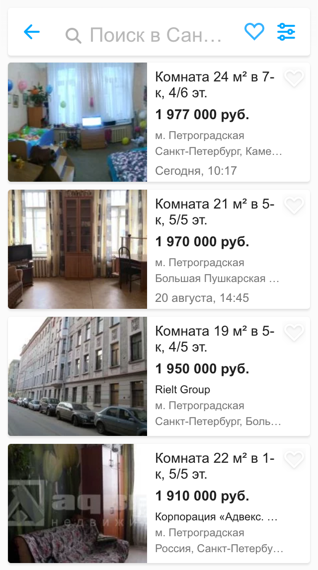 Цены в Петроградском районе на 20% выше, чем на Васильевском острове, поскольку Петроградский район считается более элитным. Но мы все равно смотрели везде