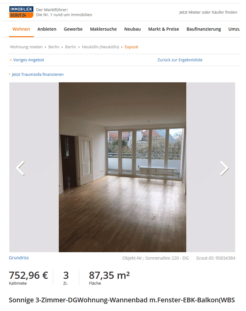 Трехкомнатная квартира в районе Нойкельн за 753 €. Цена указана без коммунальных платежей