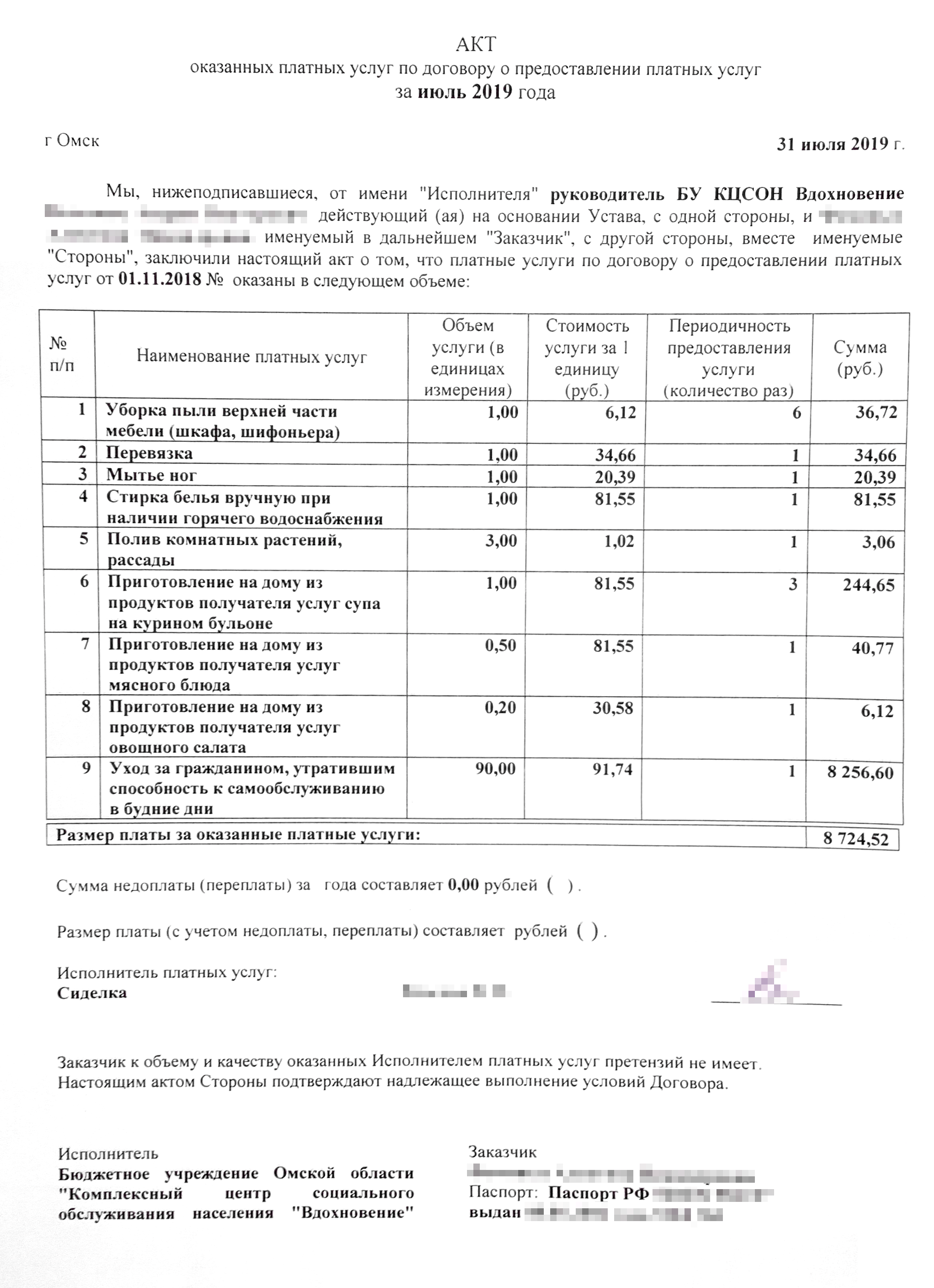 В акте согласованные услуги — это строка «Уход за гражданином, утратившим способность к самообслуживанию». Дополнительные и платные услуги — первые восемь позиций
