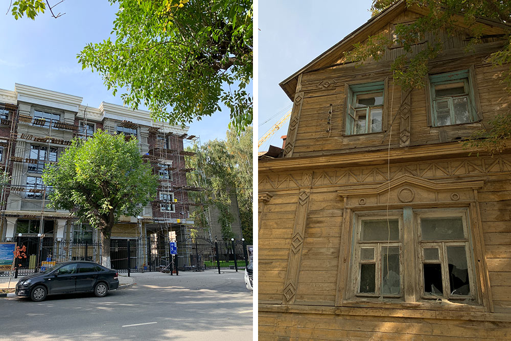 В Рязани очень контрастная застройка. Новый клубный дом с прайсом от 110 тысяч за квадрат стоит напротив заброшки