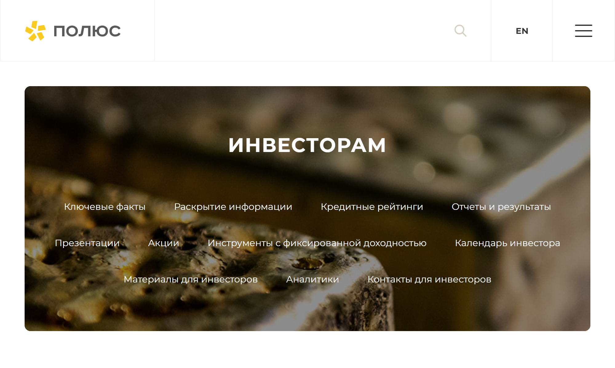 Так выглядит раздел для инвесторов на сайте золотодобывающего холдинга «Полюс»