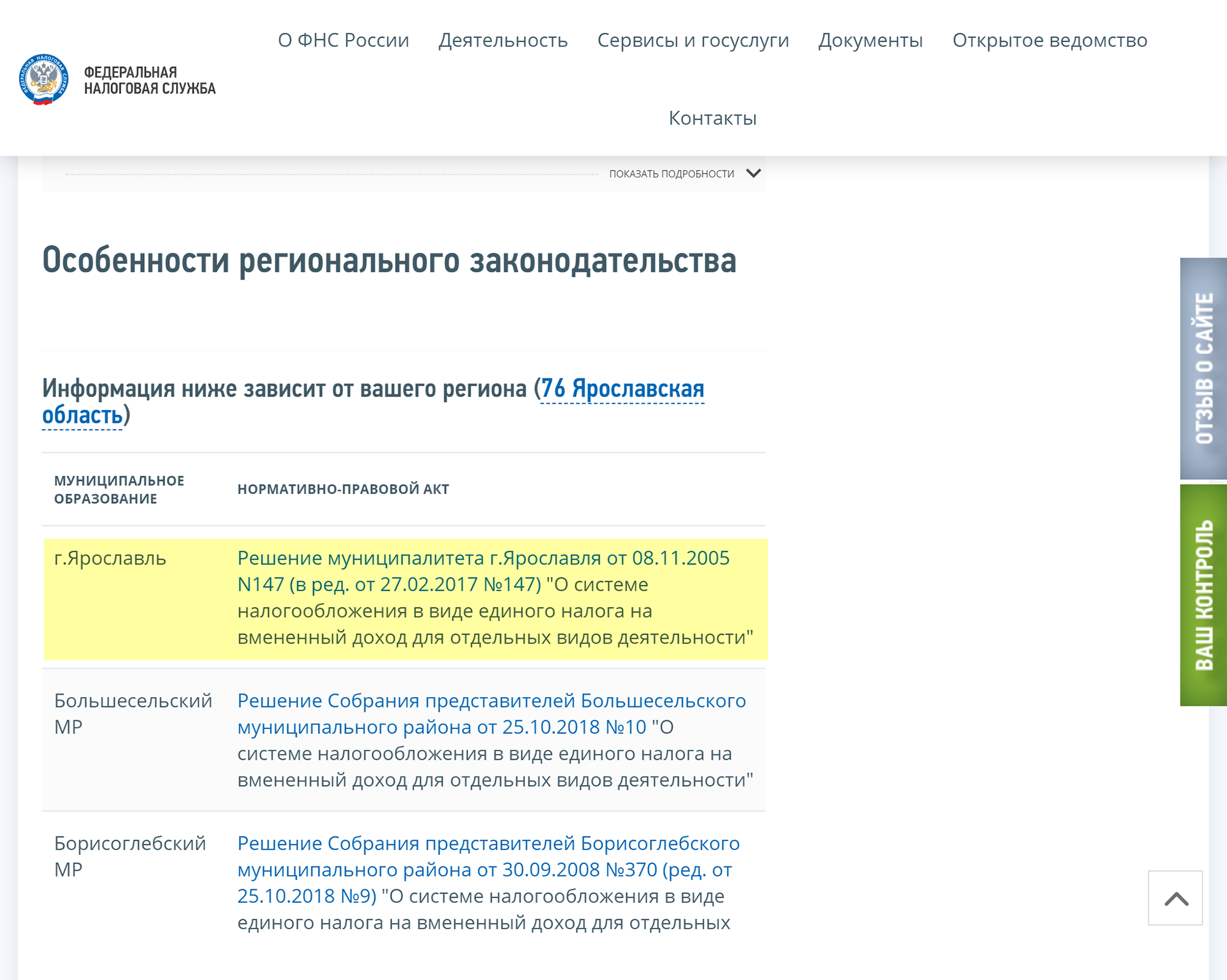 Спускаемся до раздела «Особенности регионального законодательства» и находим Ярославль. Требования по ЕНВД могут различаться не только для отдельных регионов, но даже для муниципальных районов