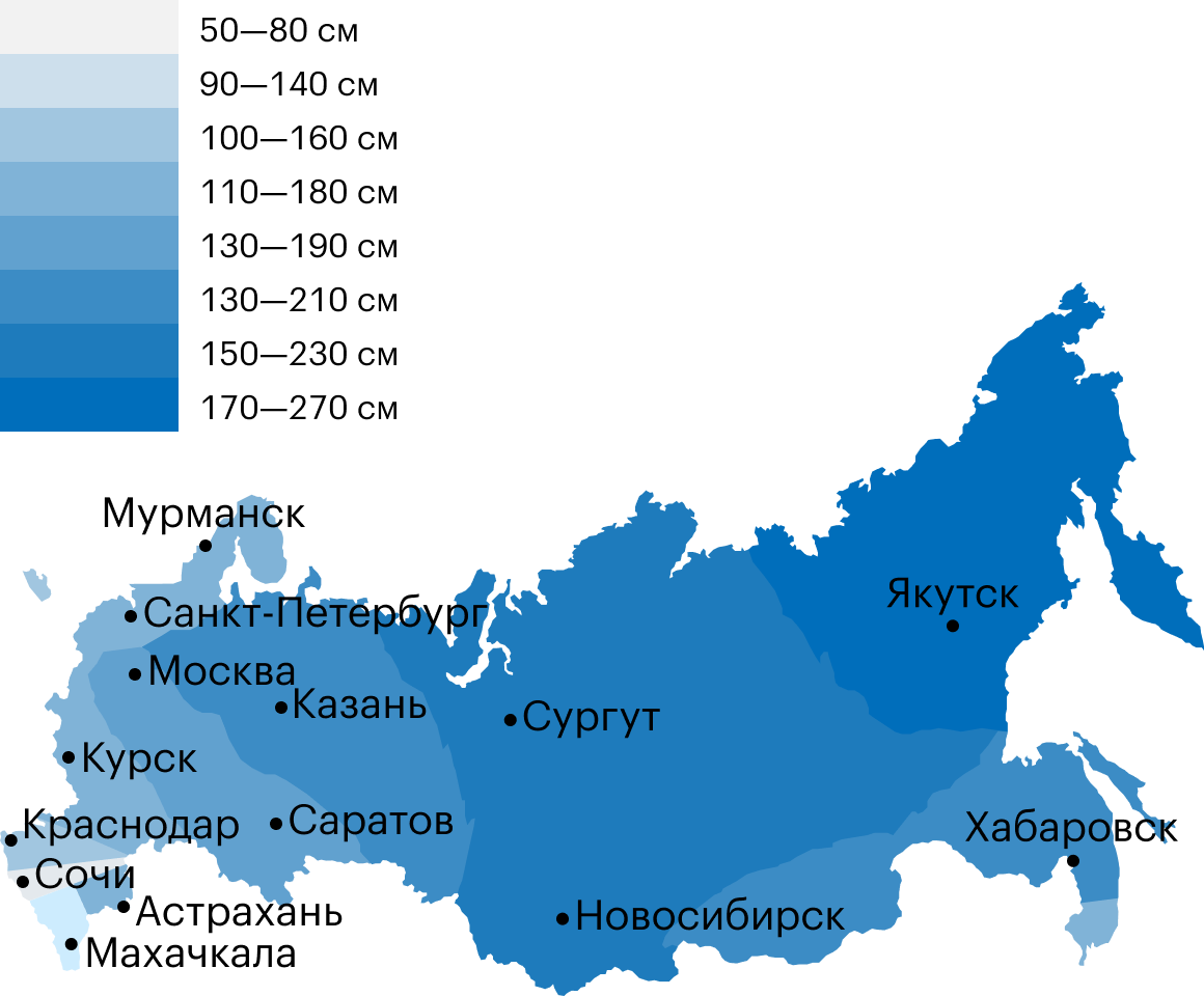 Карта России с глубинами промерзаний в зависимости от региона. Источник: Постановление администрации Нижневартовского района № 206 от 31.01.2018