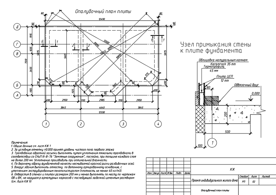 Опалубочный план плиты со всеми размерами и диагоналями