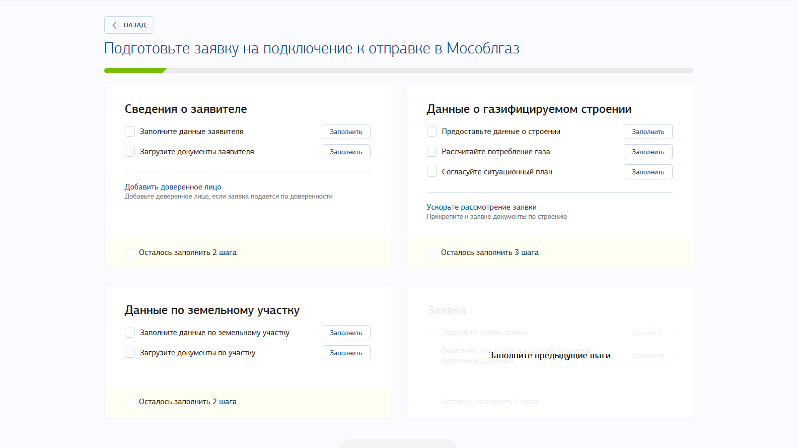 Так выглядит титульная страница заявки. Все разделы нужно заполнить, а затем отправить заявку