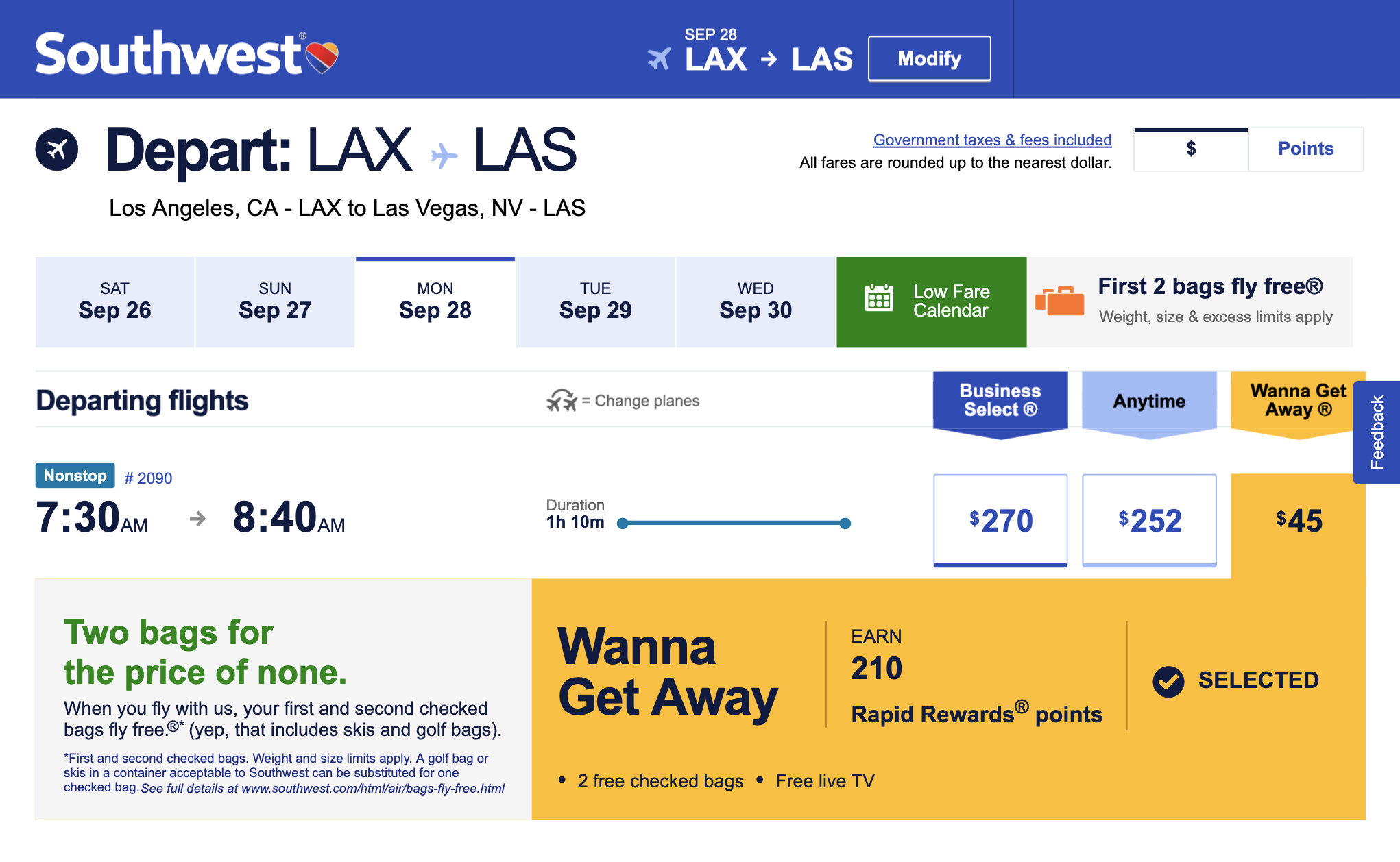 Билет авиакомпании Southwest по маршруту Сан-Франциско — Лас-Вегас стоит 45 $, но при этом с собой можно взять два чемодана