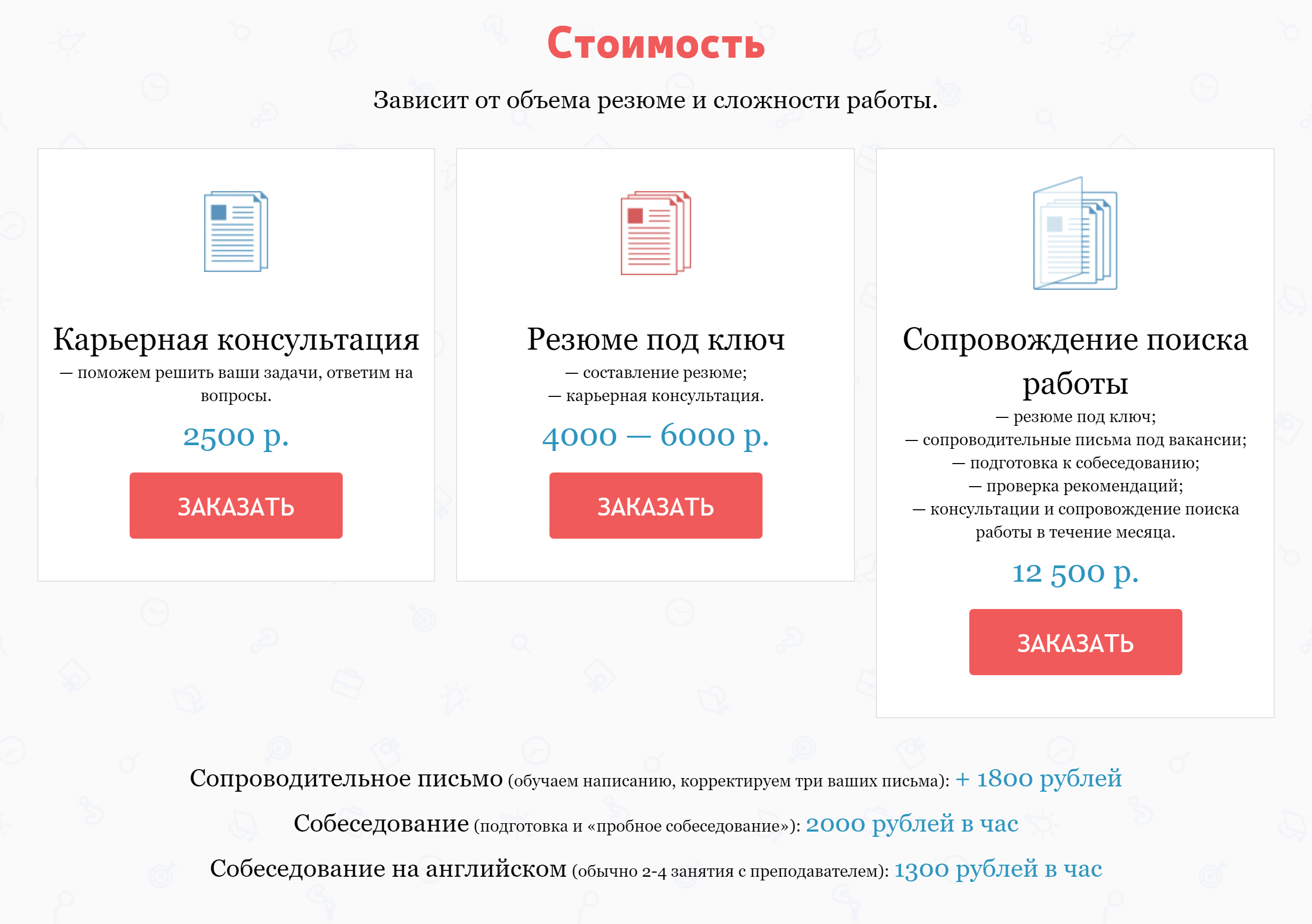 В другой компании стоимость резюме зависит от его объема и сложности работы. Отличаются и услуги. Например, есть подготовка к собеседованию и консультации по поиску работу на протяжении одного месяца