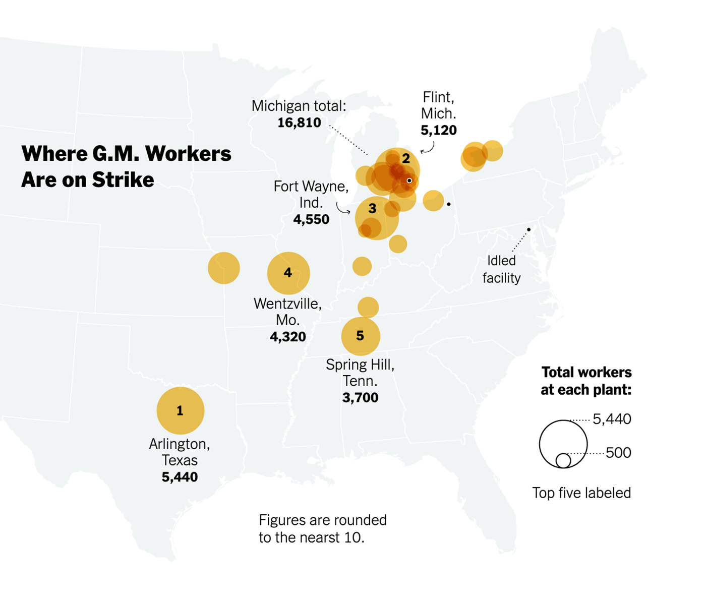 Где бастуют работники GM на настоящий момент. Источник: New York Times