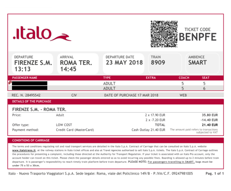 Два билета Милан — Венеция стоили 22,2 € (1670 <span class=ruble>Р</span>). Электронный билет не нужно распечатывать — достаточно показать его контролеру на смартфоне