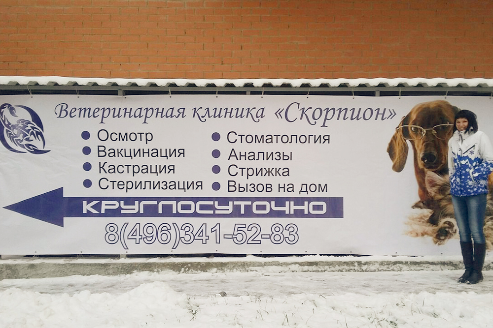 Катя на фоне баннера за несколько недель до открытия. Его повесили заранее, чтобы люди видели, что скоро откроется новая клиника. Баннер стоил 15 тысяч рублей