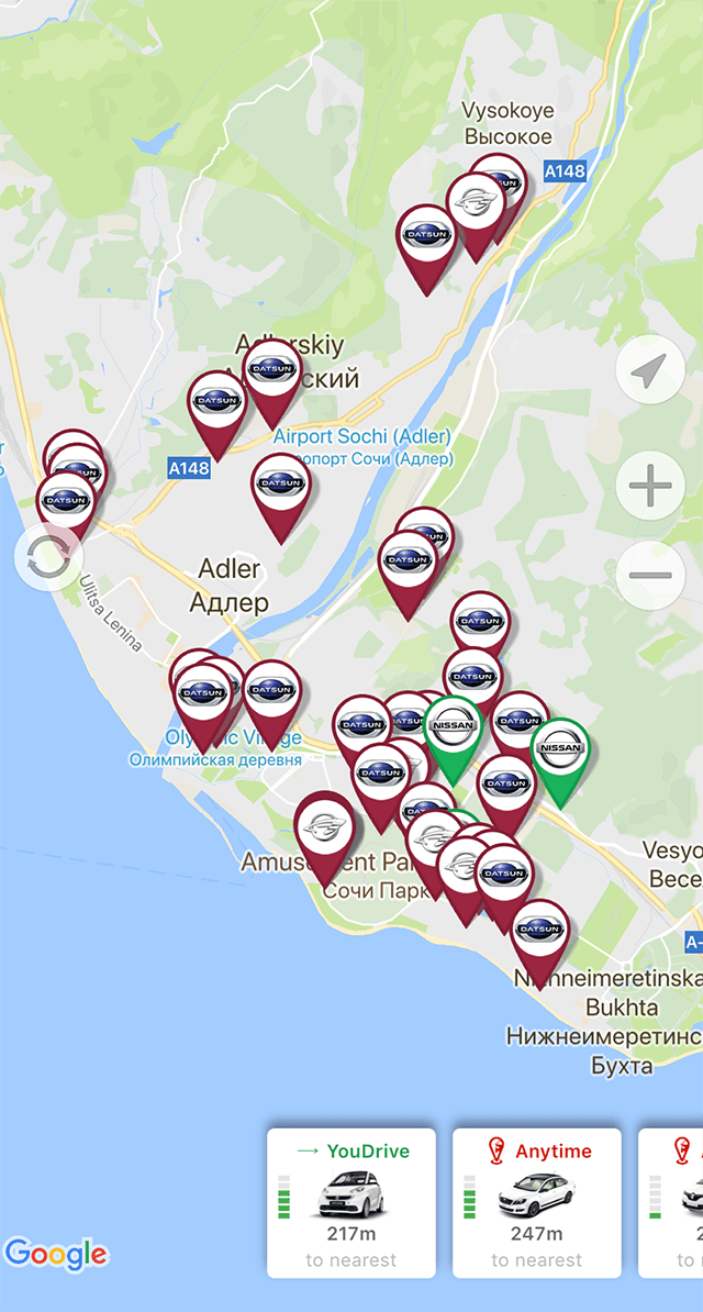 Все варианты машин, доступных для каршеринга, в приложении «All Carsharing»
