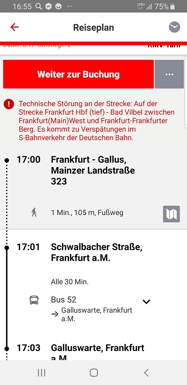 Я проверяю свои маршруты через приложение Deutsche Bahn — это немецкий аналог РЖД. Красный текст предупреждает об очередных технических неполадках на линии