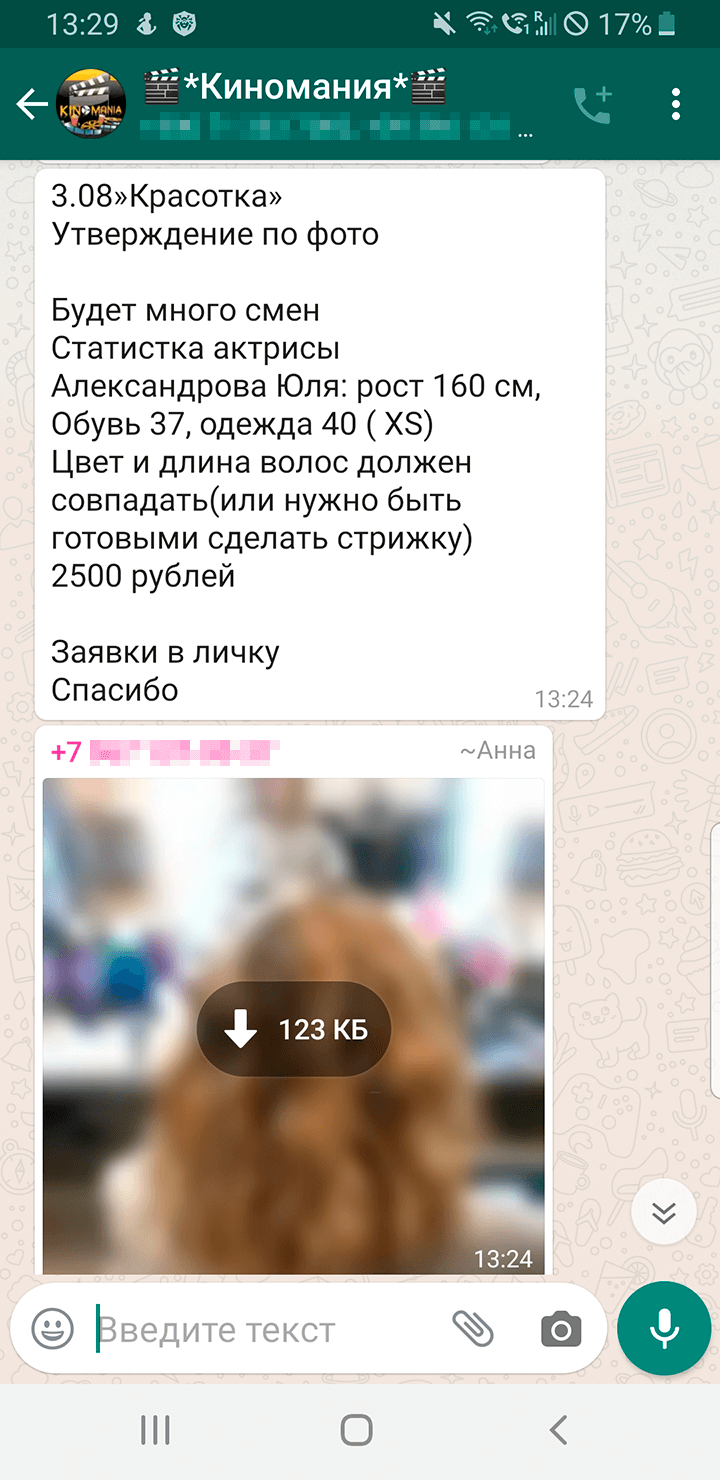 Давнее сообщение в Вотсапе, где аналогично ищут статиста — дублера профессиональной актрисы. Фотография уже не грузится