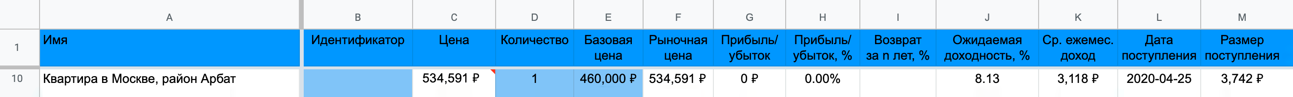 На скриншоте показаны столбцы, которые надо заполнить вручную