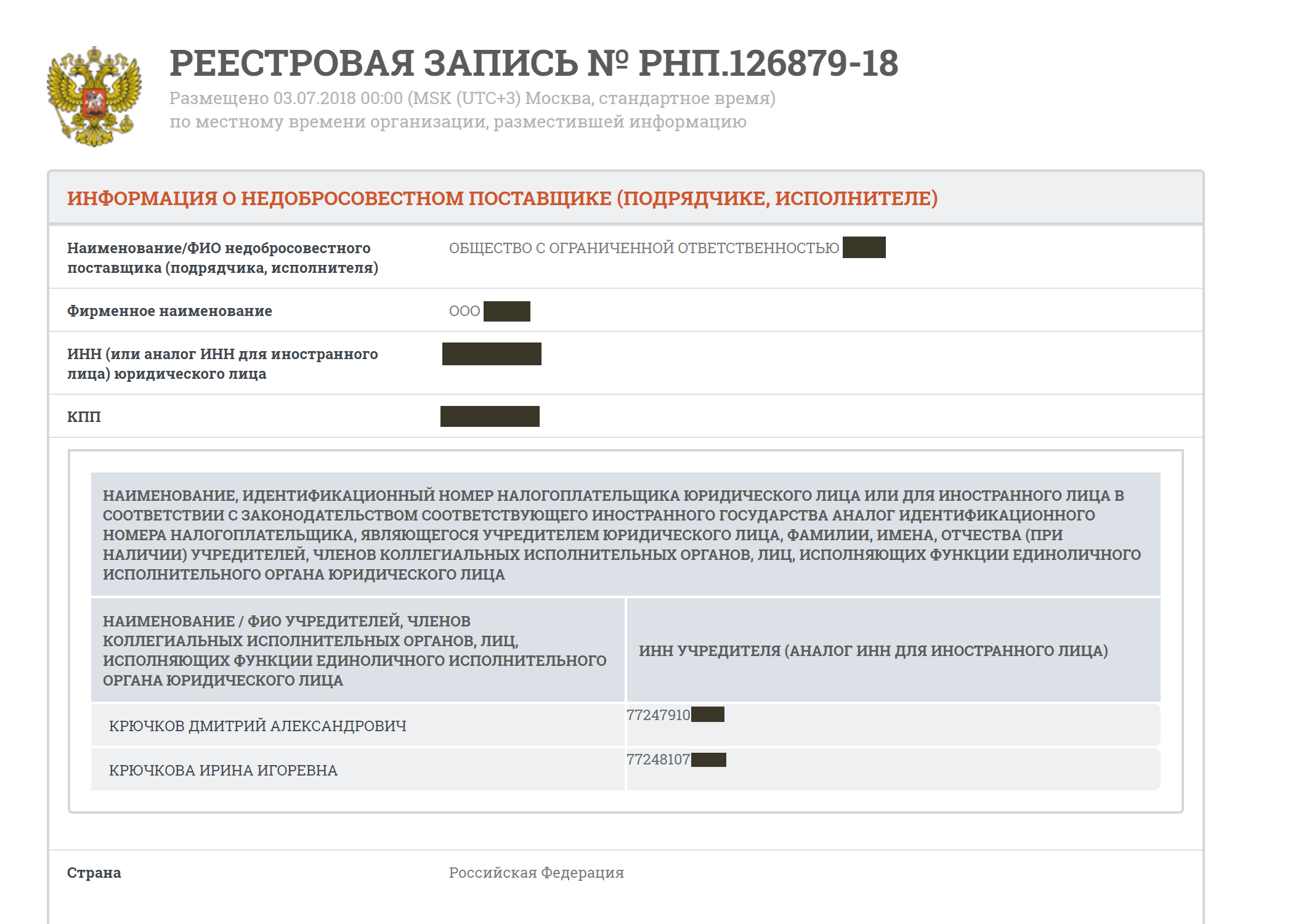 Компания находится в реестре недобросовестных поставщиков