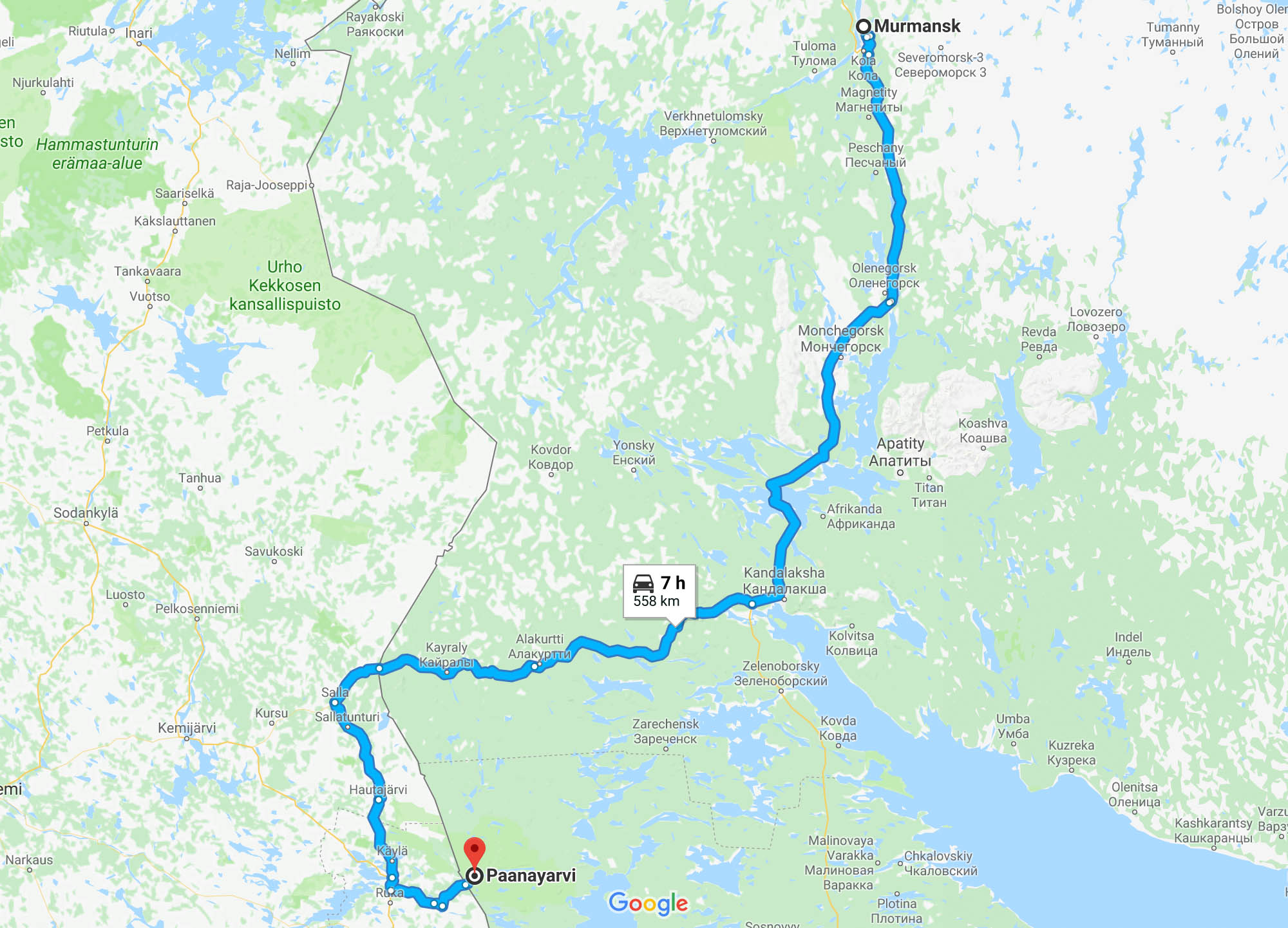 Гугл-мэпс предлагает ехать из Мурманска через российское село Алакуртти и Финляндию. В этом нет смысла, даже если у вас есть открытый шенген. Лучше ехать по трассе «Кола» и свернуть к поселку Пяозерский