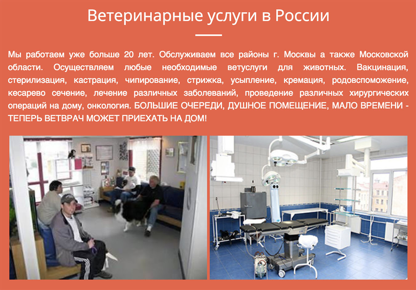 Некоторые ветеринарные сайты обещают сделать различные хирургические операции на дому. Интересно, что они сами же ругают свои душные помещения и длинные очереди, чтобы вы вызвали врача на дом. А изображение операционной справа взято из интернета по запросу «оснащение операционной»