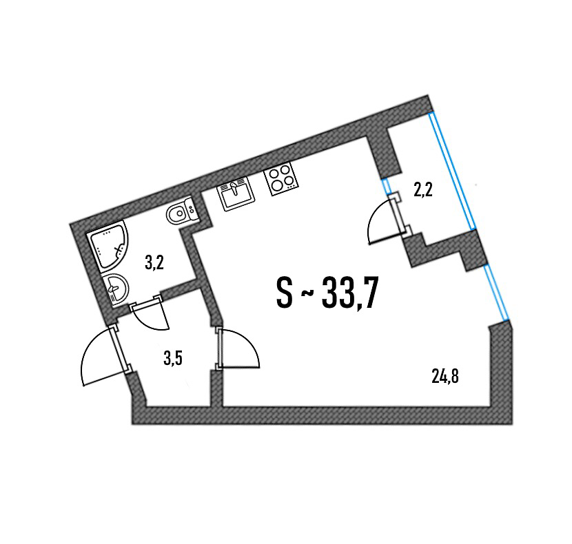 Общая площадь студии 32,8 м², жилая — 24,8 м². Есть лоджия и отдельная прихожая. От полноценной однушки такую студию отличает только отсутствие стены между кухней и комнатой