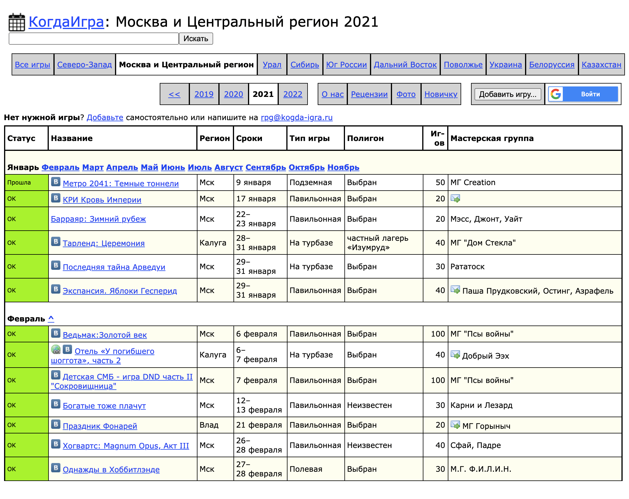 Скриншот с сайта «Когдаигра» на момент написания статьи. Расписание игр в Москве и Центральном регионе на начало 2021 года