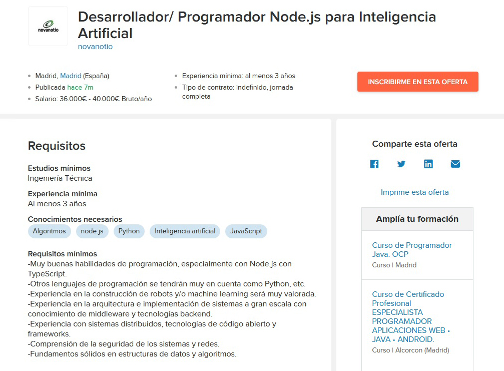 Консалтинговая компания ищет разработчика Node.js на проект в области искусственного интеллекта. Кандидат должен иметь высшее инженерное образование и трехлетний опыт работы. Платить обещают от 36 000 до 40 000 € в год — это от 2257,5 до 2474,7 € на руки в месяц