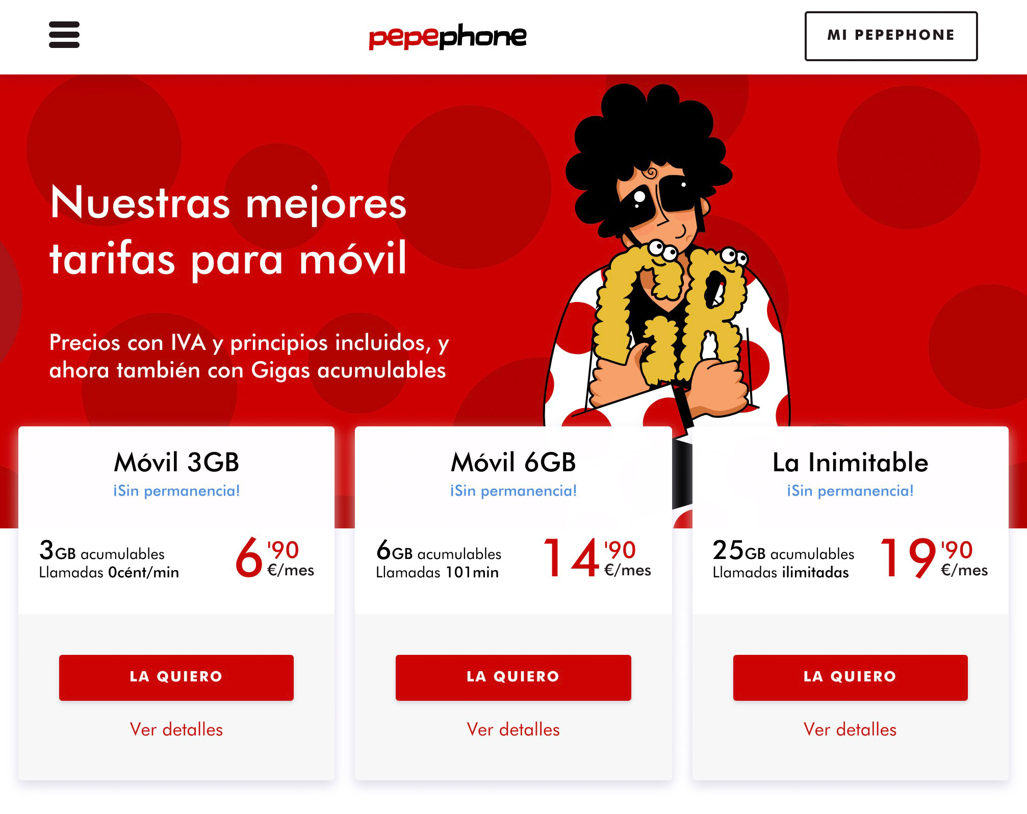 Тарифы моего мобильного оператора Pepephone. Я плачу 20 € в месяц