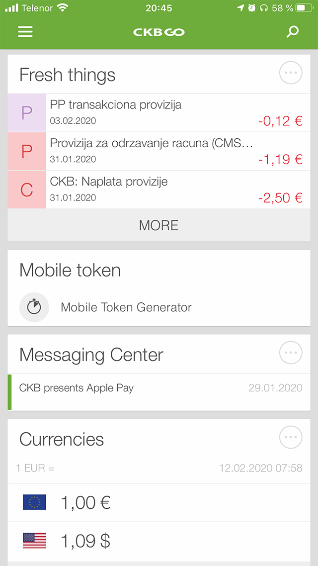 Интерфейс мобильного приложения банка CKB для iOS