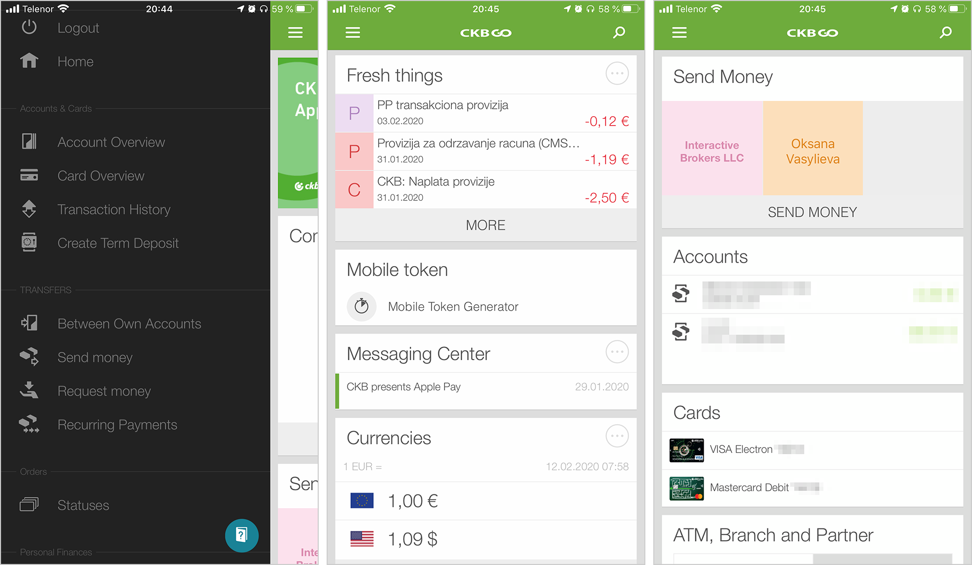 Интерфейс мобильного приложения банка CKB для iOS