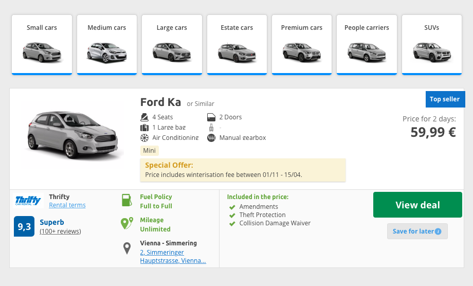 Машина экономкласса обойдется на Rentalcars почти в 60 € (5400 <span class=ruble>Р</span>) за 2 дня