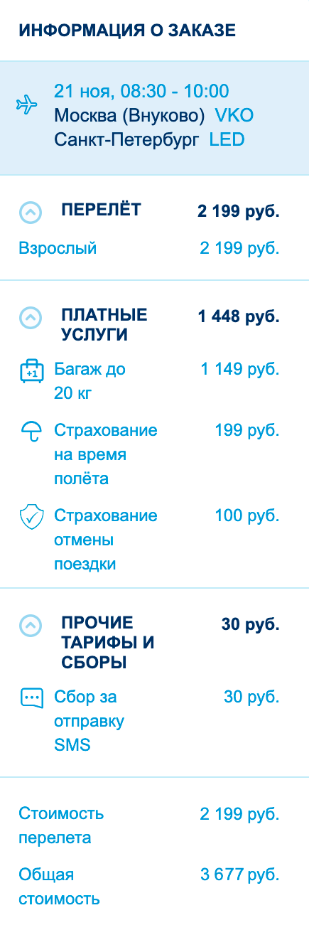 Даже без кошки и обеда во время полета я увеличил приятную цену билета почти в два раза. Хватило багажа, страховки и уведомлений о задержке рейса. В таком случае выгоднее сразу выбрать рейс с багажом другой авиакомпании