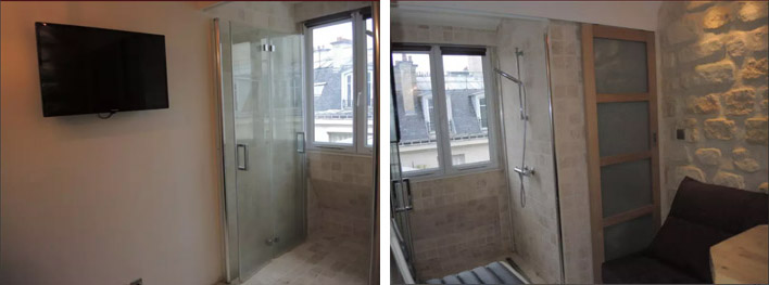 Справа от телевизора — стеклянная дверь в душ. Квартира стоит 600 € в месяц