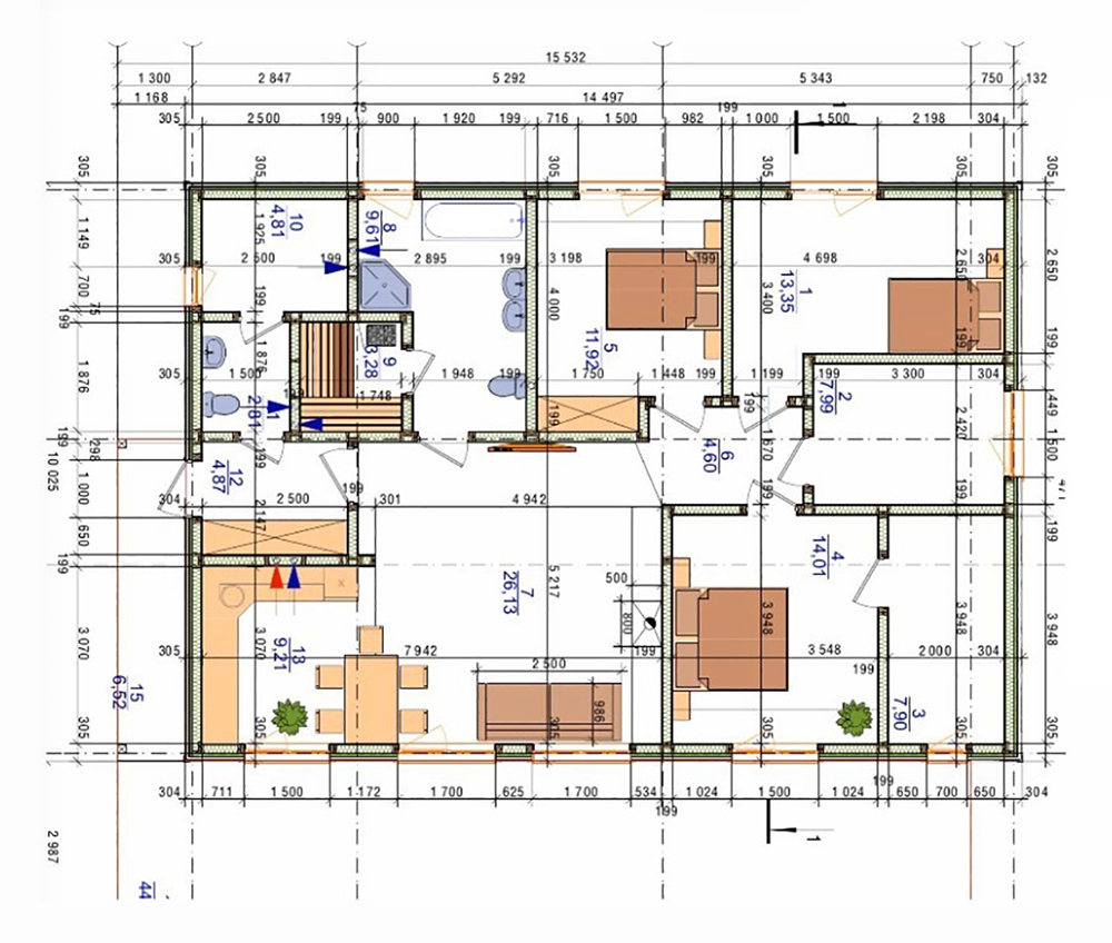 Все мои запросы разместились на 120 м². Очень важно делать расстановку мебели до постройки дома, чтобы потом не было проблем. На этой картинке есть не вся мебель: многое я держала в голове, но основные моменты запечатлены. Например, стоят две раковины в ванной — так я понимаю, что они точно влезут на запланированную под ванную площадь