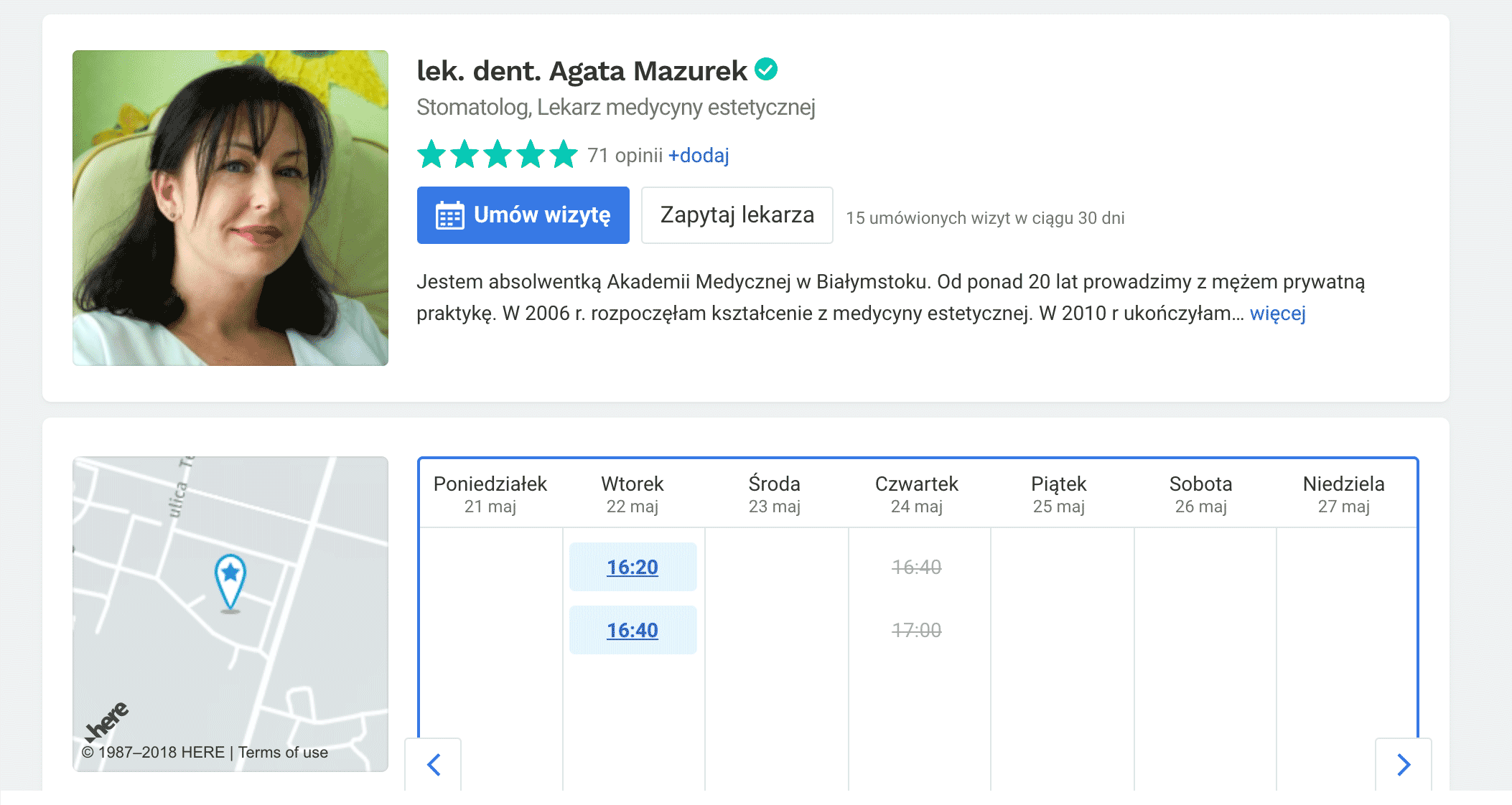 Это профиль стоматолога на Znanylekarz.pl. Тут же можно записаться на прием