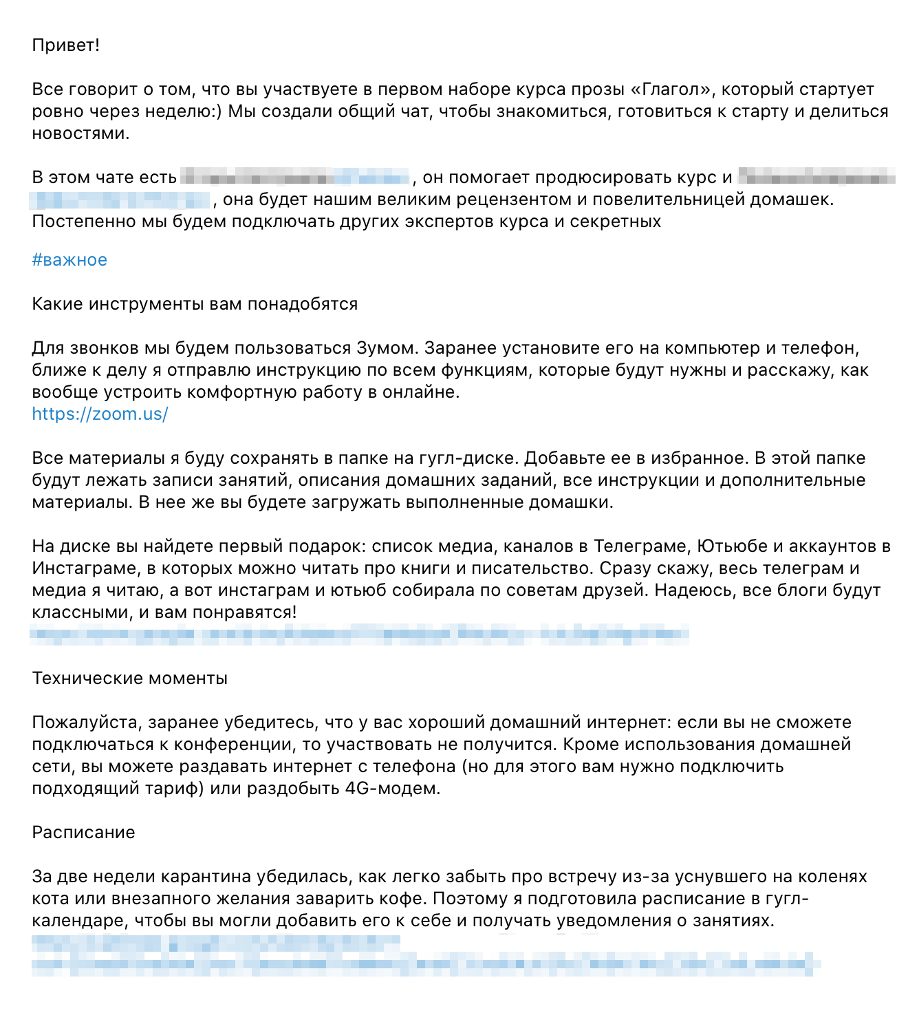 Первое сообщение в чате курса. На все информационные сообщения я ставила хэштег #важно, а на все задания — #домашка. Позже я стала закреплять ссылки на папку со всеми материалами и записи домашек в описании группы — это еще удобнее