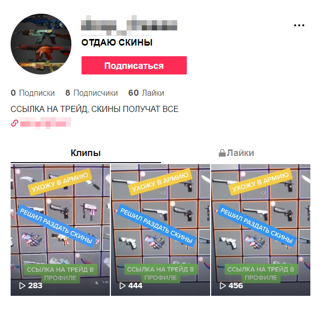 Такое ощущение, что аккаунт создали специально для раздачи скинов. Но если бы человек захотел отправить подарок другим пользователям, то он бы сделал это со своей страницы, где есть подписчики, фото и видео
