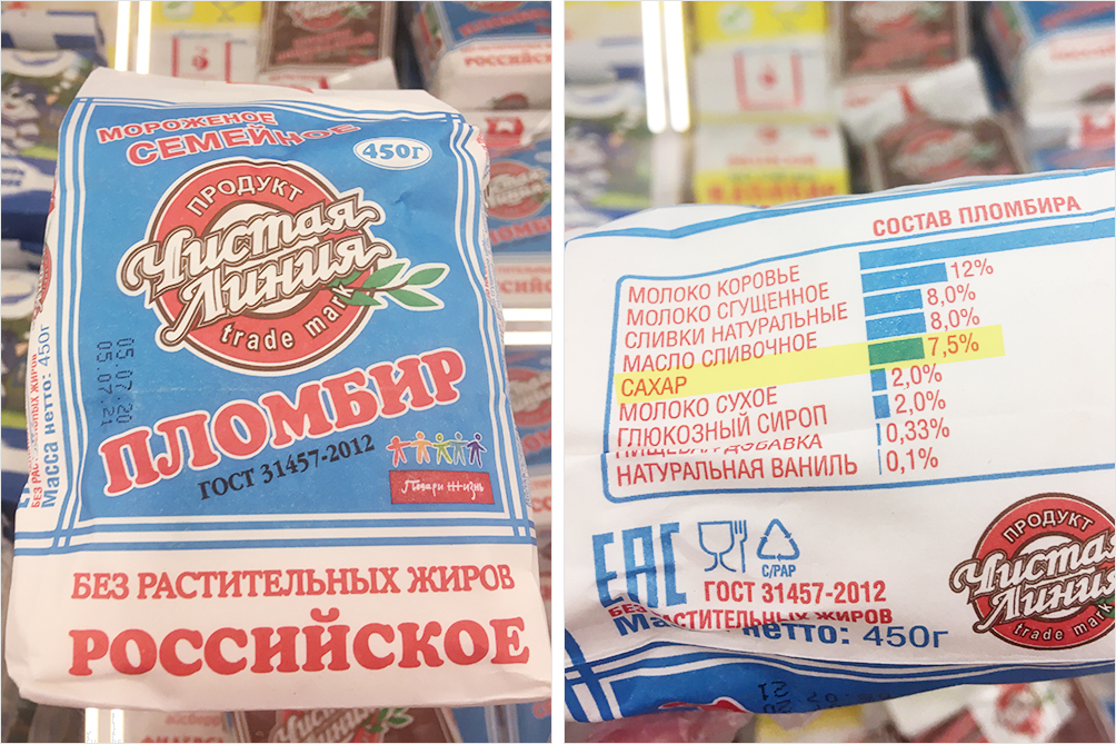 Мороженое «Чистая линия» содержит 5,5 г сахара на 100 г продукта. Сайт Росконтроля для этого же мороженого указывает 14,6 г сахара на 100 г продукта. Возможно, Росконтроль учитывает сахарозу из глюкозного сиропа и из молочных продуктов