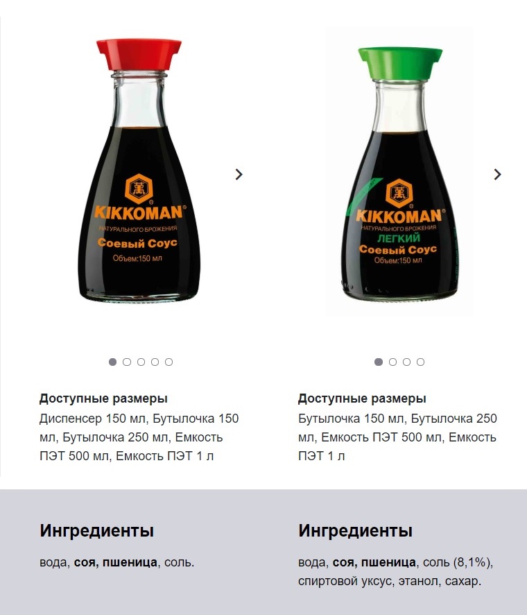 Соевый соус фирмы Kikkoman. Слева без сахара, справа с сахаром. Чтобы найти разницу, нужно читать этикетку