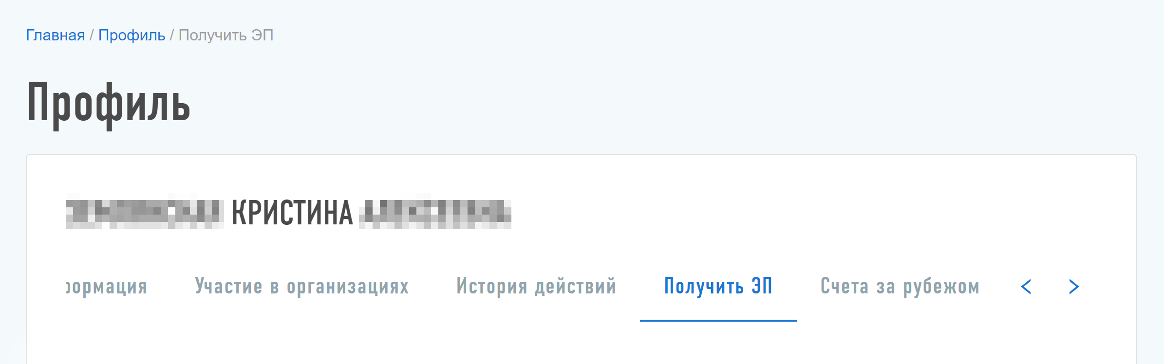 Чтобы создать электронную подпись, в профиле нужно выбрать вкладку «Получить ЭП»