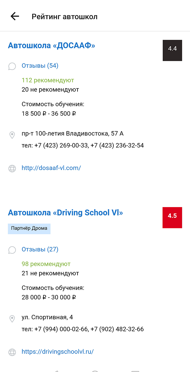 Во Владивостоке стоимость обучения в автошколе в среднем начинается от 20 тысяч рублей. Источник: «Дром»