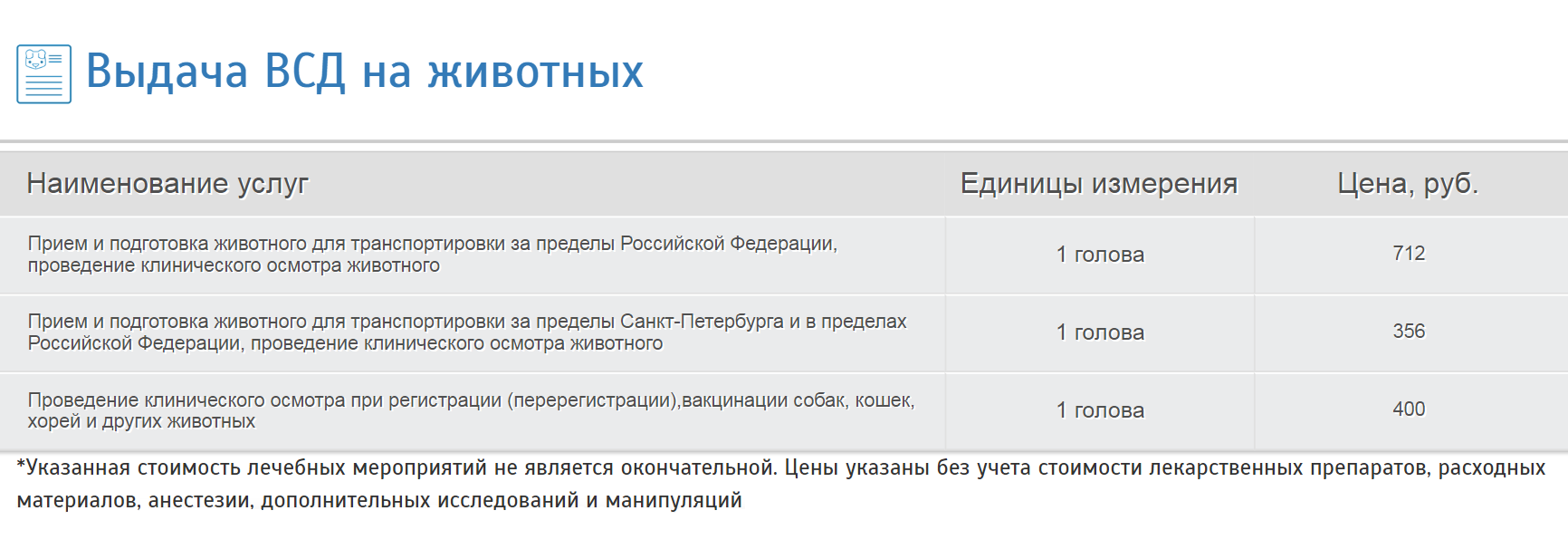 Цена на ветеринарное свидетельство на сайте государственной ветеринарной службы Санкт-Петербурга
