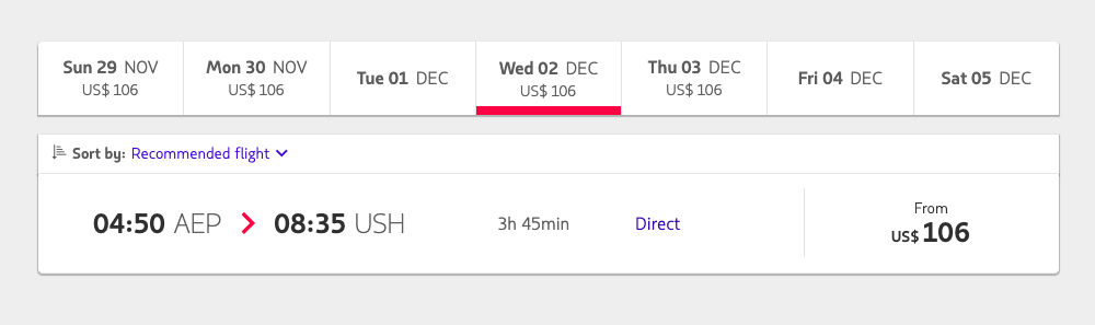 Перелет из Буэнос-Айреса до Ушуайи авиакомпанией «Латам» — 106 $ (7270 <span class=ruble>Р</span>) в одну сторону
