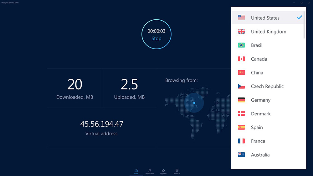Интерфейс у Hotspot Shield минималистичный: количество скачанного и отданного трафика, время использования и локация