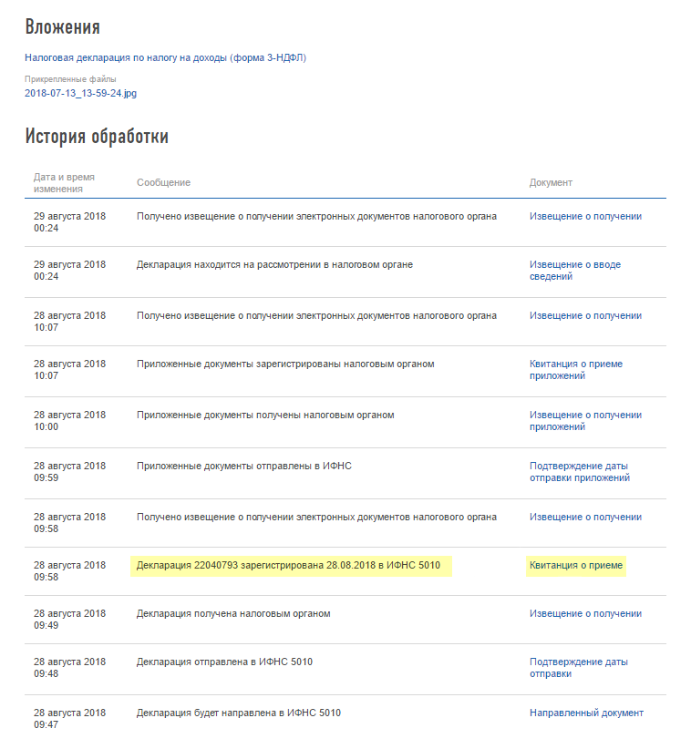 Так выглядит история обработки декларации. Тут нужно проверить наличие квитанции о приеме